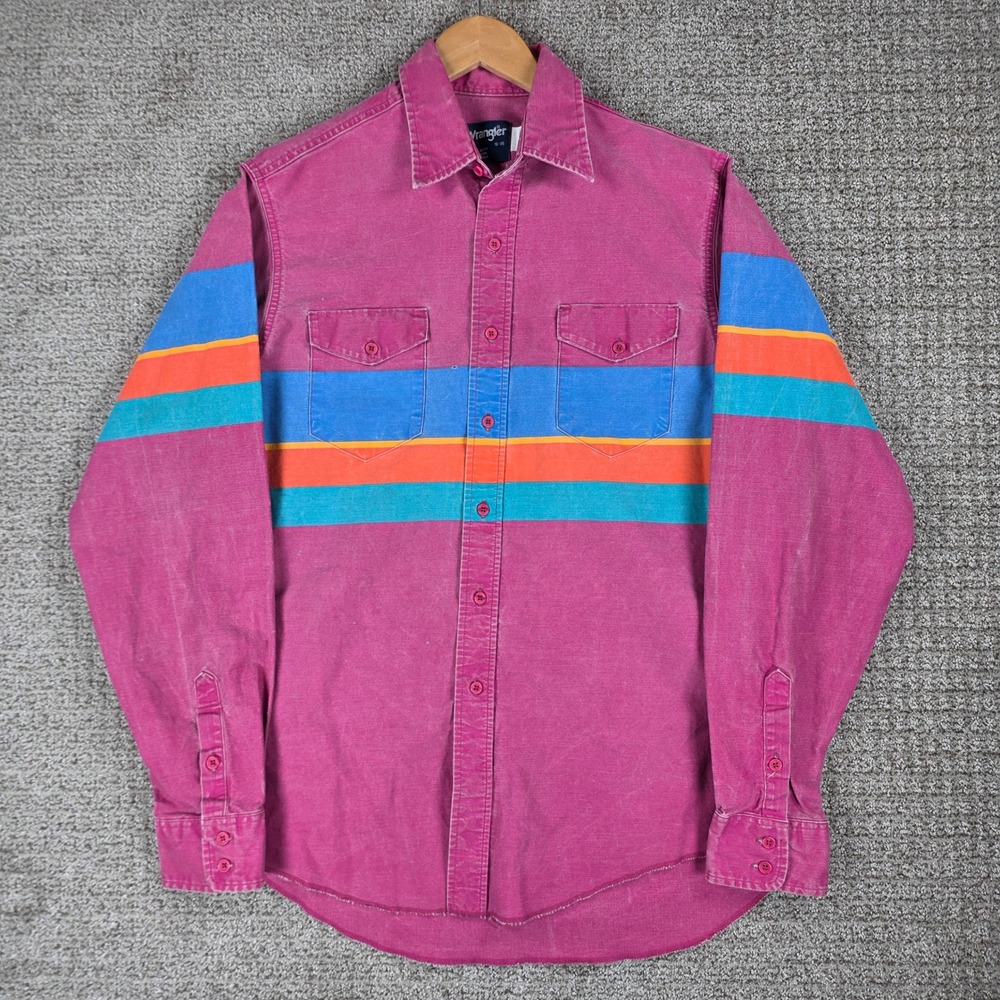Vintage Wrangler Brushpopper Shirt Mens 16-36 Pink Striped Cowboy Button Up